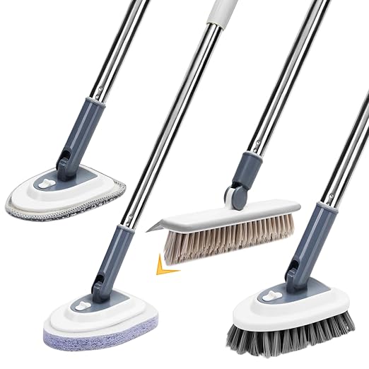 4 in 1 Tile Shower Cleaner Brush, Long Handled Scrub Brush for Shower with Adjustable Long Handle Floor Scrub Brush for Cleaning Bathroom/Shower/Tub/Tile/Kitchen/Glass/Wall