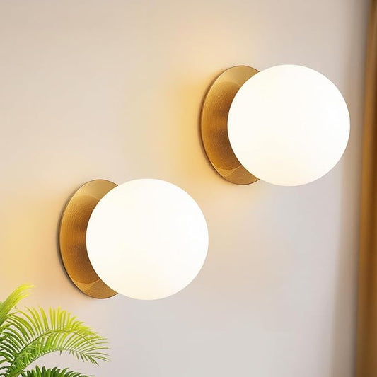 2 Pack Gold Wall Sconces Set of Two,Modern Bathroom Sconces with Milky Globe Glass, Sconces Wall Decor Set of 2 Wall Light for Bathroom Mirror Living Room Hallway (Bulbs not Included)