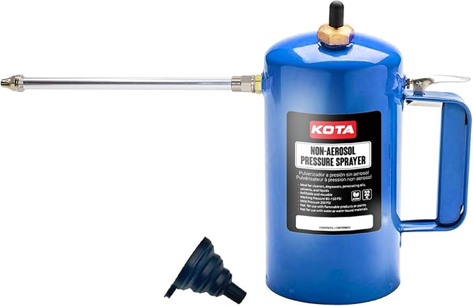 LAUCO Non Aerosol Pressure Sprayer - Refillable Pressurized Sprayer Bottle for Oil, Solvent, Degreasers, Lubricants - Rechargeable Steel Canister with Brass Nozzles, 32oz. (1, Blue)