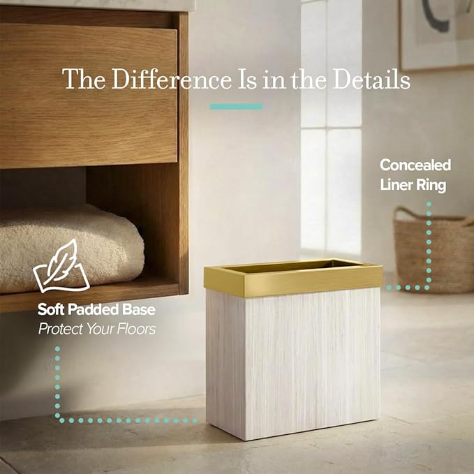 Gatco Modern Rectangle Wastebasket, White Oak/Brushed Brass Lid - Stainless Steel Trash Can with Removable Lid, Leakproof, 3 Gallon Capacity for Bathroom, Bedroom, Kitchen, or Office
