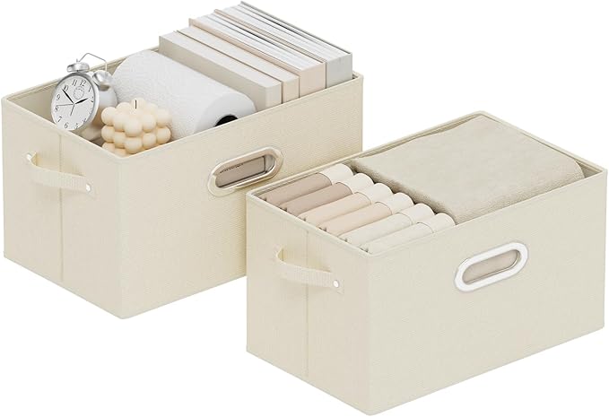 Foldable Cloth Basket with 4 Handles, Decorative Open Storage Boxes, Stackable Cube Organization, Fabric Bins for Shelves, Closet, Living Room, 13x9.1x7.9in, Beige, 2 Pack