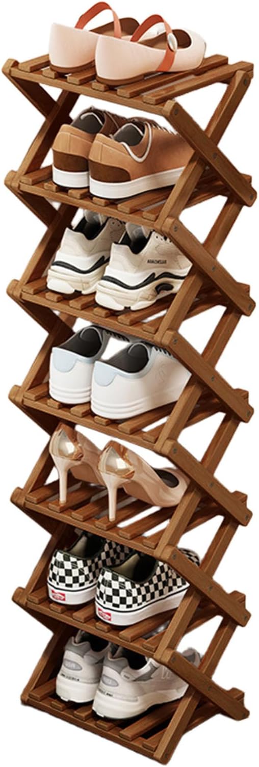 Comeon Bamboo Shoe Rack, Foldable Vertical Shoe Rack for Front Door Entrance Narrow Shoe Organizer Small Shoe Shelf for Entryway Shoe Storage Closet Multi-Tier (Brown Colors,7 Layers)