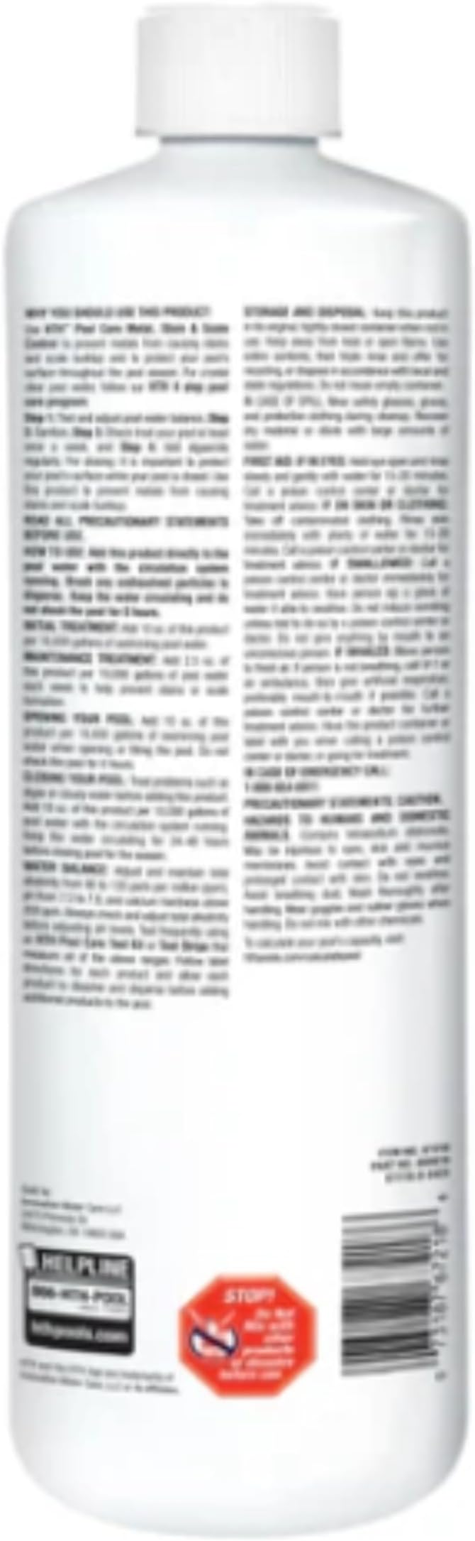 HTH 67218 Swimming Pool Care Metal, Stain & Scale Control - Prevents Metal Staining and Scale Build Up, Removes Fresh Metal & Copper Stains, Compatible with All Swimming Pools, 32oz