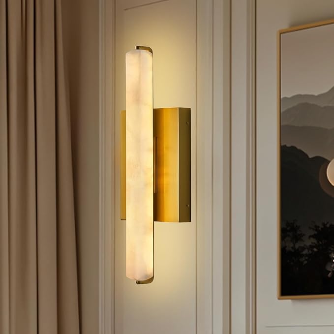 Alabaster Wall Sconces Set of Two, 15" Brass Alabaster Sconce, Spanish Natural Marble Bathroom Vanity Sconces, Rectangle Modern Sconces Lighting for Bedroom Living Room Staircases Hallway