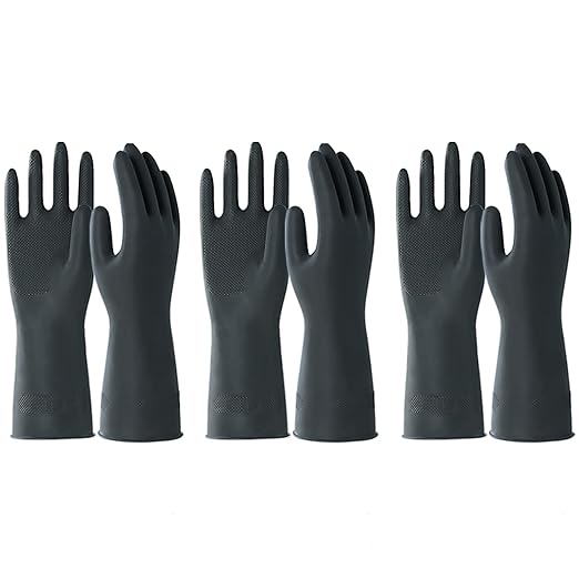 North Tower Heavy Duty Black Rubber Gloves for Cleaning - Non-Slip Grip Palm, Thick Household Gloves for Women, Kitchen Dishwashing, Car Washing, Mechanical Maintenance（Large-3 Pair）