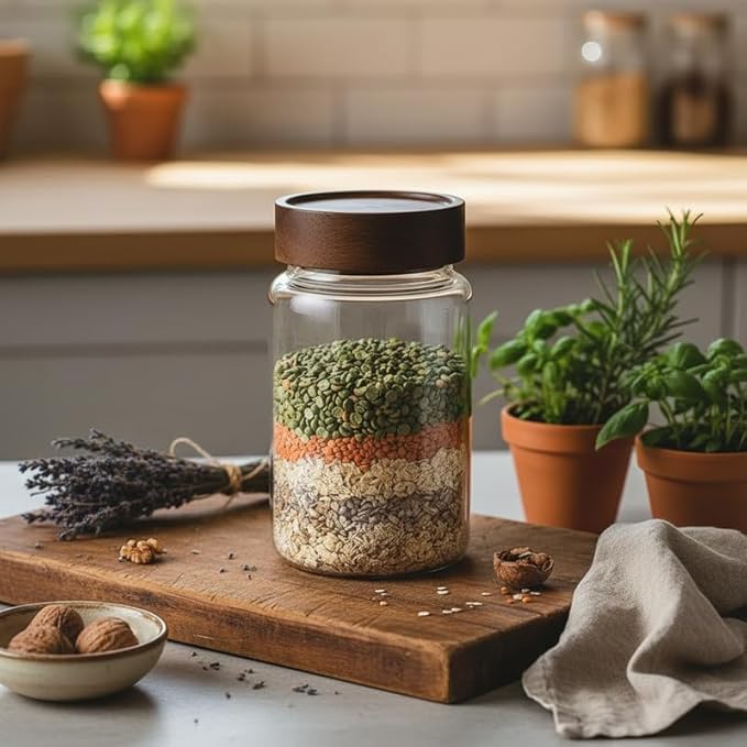 Wide Mouth Glass Storage Jars With 3" Acacia Wood Lids - 4 Pack of 16.9 Oz Airtight Food Storage Containers - Borosilicate Glass Canisters for Kitchen - Pantry Organizers Storage for Flour Rice Coffee