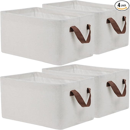 4 Pcs Fabric Storage Bins, Organization Baskets for Shelves, 15" Linen Closet Organizer with Handles, Metal Frame, Natural Color, Shelves Basket for Organizing, White