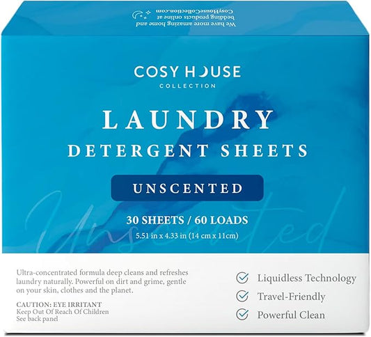 Cosy House Collection Laundry Detergent Sheets – Unscented, 30 Sheets for 60 Loads, Travel-Friendly & Liquidless Technology, Powerful Cleaning