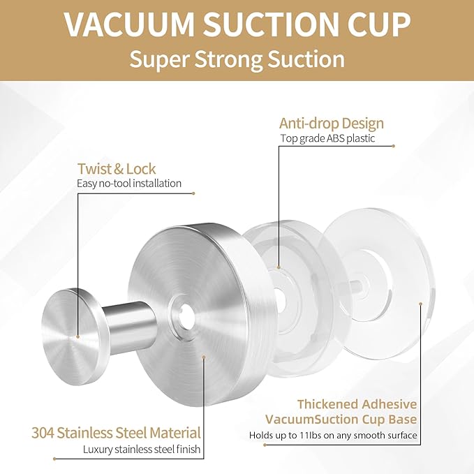 Suction Cup Hooks for Shower, Heavy Duty Towel Hooks for Walls No Damage, Modern Shower Suction Hooks for Kitchen Bathroom Wall, Glass, Mirror, Tile, Hanging Towels Robes, Brushed Nickel (4 Pack)