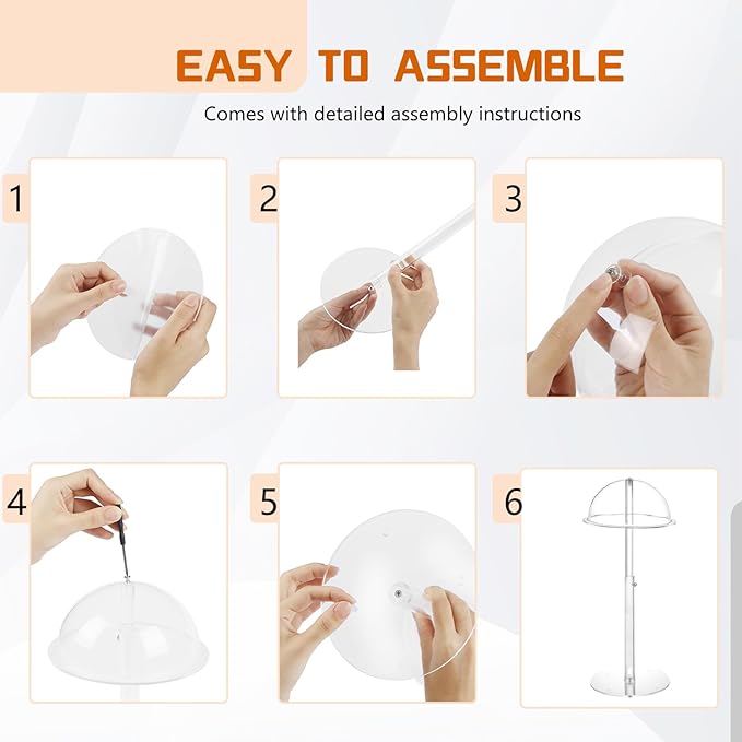 Hat Display Stands, 8" to 16" Adjustable Height Acrylic Cowboy Hat Holder Stand, Clear Durable Domed Baseball Cap Holder Hat Rack with Brim, Wig Holder Display Stands for Vendors Salons Closet