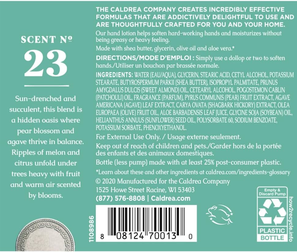 Caldrea Hand Lotion, For Dry Hands, Made with Shea Butter, Aloe Vera, and Glycerin and Other Thoughtfully Chosen Ingredients, Pear Blossom Agave Scent, 10.8 oz (Packaging May Vary)