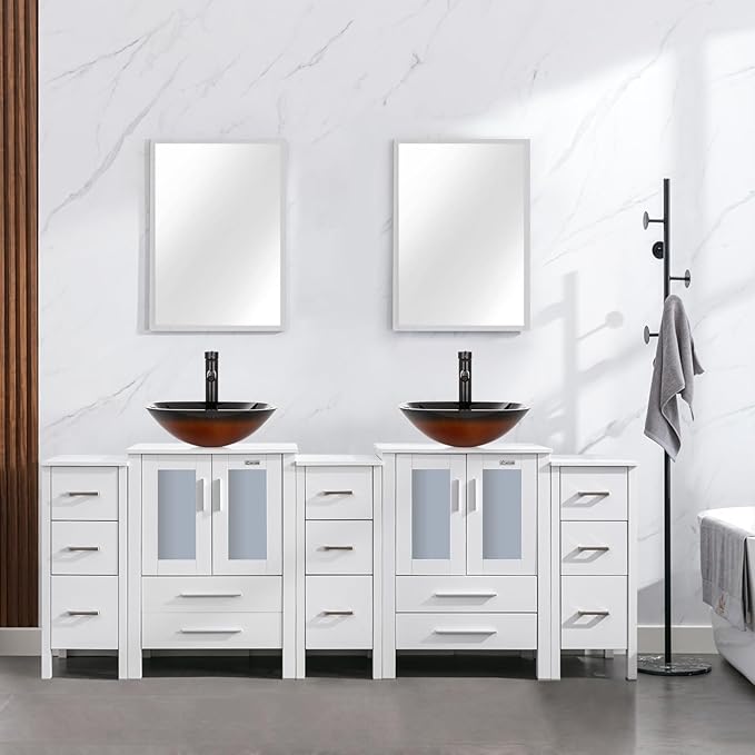 eclife 84" Modern Bathroom Vanity Sink Combo Freestanding Cabinet with Small Side Cabinet, Brown Square Glass Vessel Sink, Water Save Faucet, Drain (White+A48)