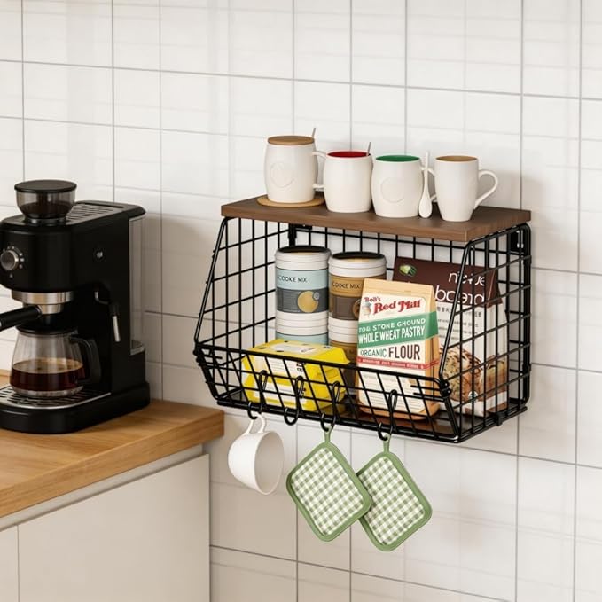 Wall Mounted Fruit Basket with Wood Lid, Hanging Kitchen Storage for Fruits, Vegetables, Potatoes, Onions | Heavy-Duty Carbon Steel & Solid Wood, Black, Space-Saving Countertop Organizer (S)
