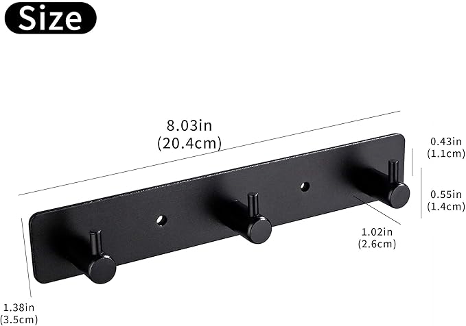Adhesive Bathroom Black Hook Rail, 3 Matte Black Wall Key Hooks Rack Hanger Towel Robe Stick Door Hooks for Bathroom Toilet Entryway Hallway Kitchen Wall Mounted