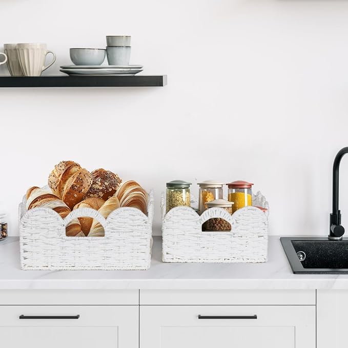 Scalloped Wicker Basket Natural Paper Rope Storage Baskets with Handles Handwoven Organizer Bin Wicker Storage Baskets for Home Decor, Organizing, 2 Pack (White)