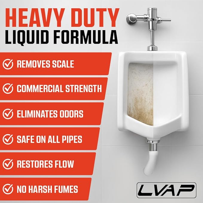 LVAP Heavy Duty Urinal Salt Remover – Made in USA – Commercial Grade Urinal Drain Cleaner & Odor Eliminator. Removes Salt, Calcium, Rust and Scale Build Up – 32 fl oz Bottles - 12 Pack