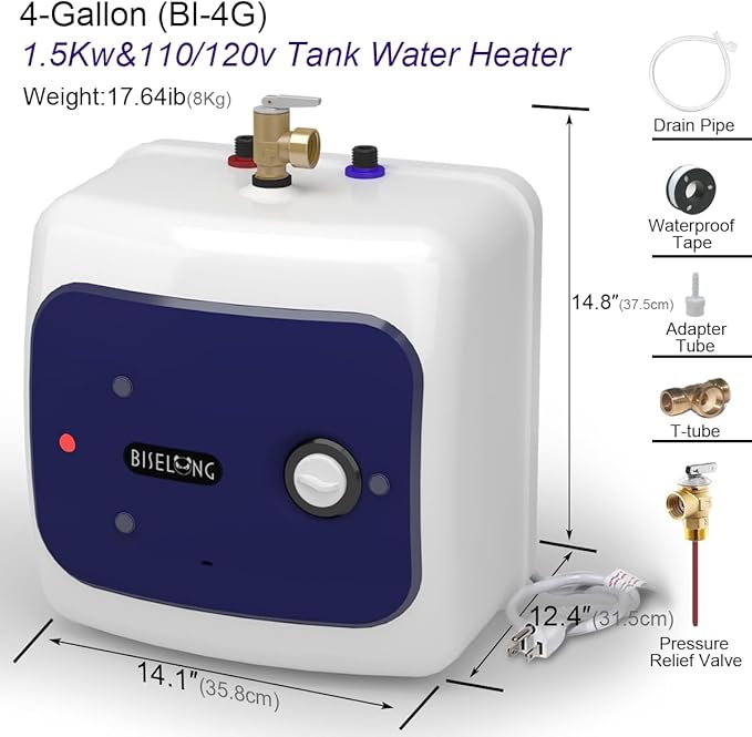 110V-120V 1500W Small Instant ElectricTank 4 Gallon Storage Hot Water Heater, Kitchen Under Sink Cabinet RV Trailer, Easy to Install,2 PCs 16” Long 1/2”FIP Stainless Steel Hose15L