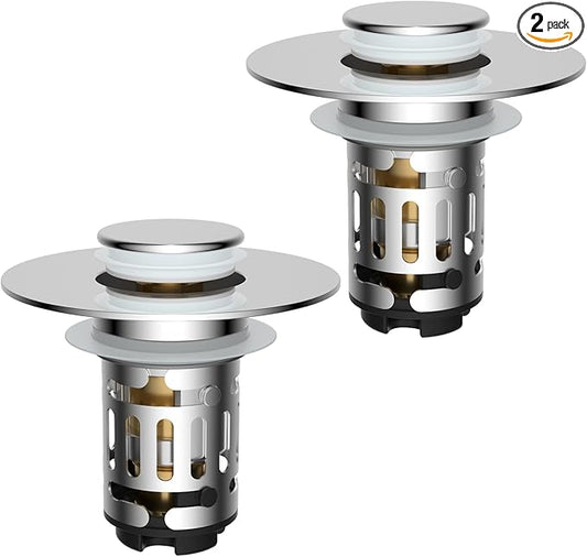Hibbent 2 Pack 3 in 1 Bathroom Sink Drain Strainer, Universal Pop Up Stopper with Removable Stainless Steel Filter Basket Hair Catcher, Sink Plug for 1.1''~2.36'' Basin, Brass Bullet Core, Chrome