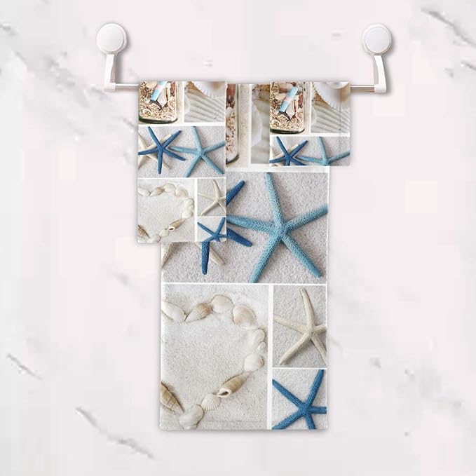 Nautical Beach Themed Bath Towels Set,Absorbent Soft 3 Piece Coastal Blue White Starfish Lighthouse Towels for Bathroom,1 Bath Towel 1 Hand Towel 1 Washcloth,Decoractive Guest Bathroom Towels