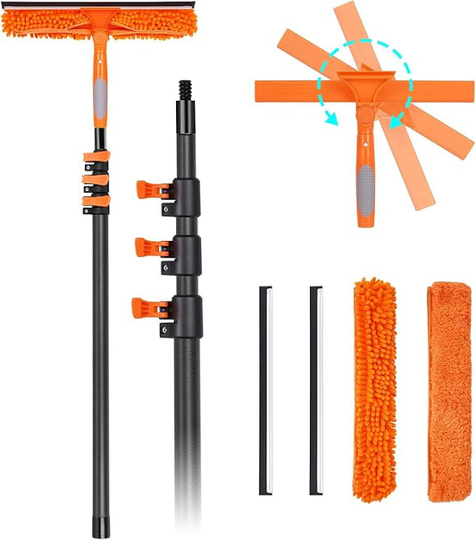 Window Squeegee with Carbon Fiber Extension Pole for Home, 3.5 to 12Ft Window Cleaning Kit Tool Outdoor, Lightweight Professional Window Washing Kit with Rotatable Head & 2 Scrubbers, 2 in 1