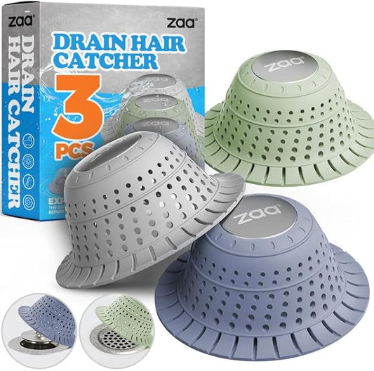 zaa Bathtub Drain Hair Catcher, Silicone Collapsible 3 Pack Drain Protector for Pop-Up and Regular Drains of Shower, Bathtub, Tub, Bathroom, Sink, Green Grey Blue