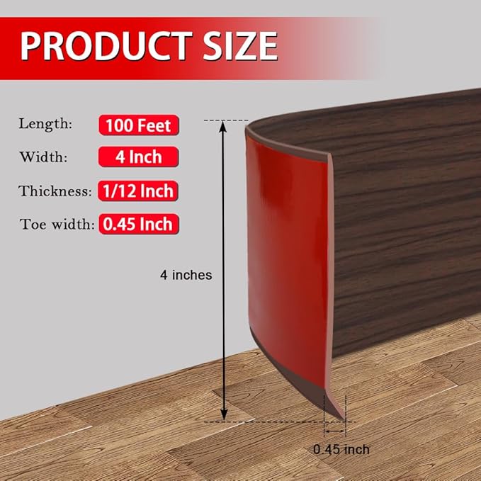 Vinyl Wall Base Baseboard Molding Trim 4" Flexible Self Adhesive Rubber Wall Base Moulding Trim Peel and Stick Design, 4 Inch x 100 Feet, Brown Wood