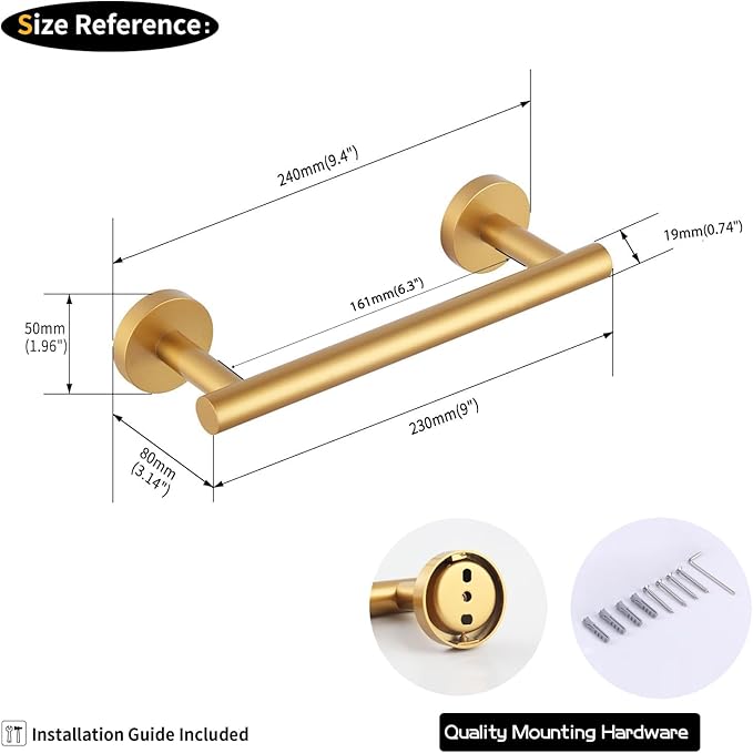 Bathroom Towel Bar — 9" Gold Stainless Steel
