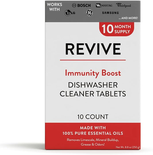 Immunity Boost Washing Dishwasher Cleaner Tablets 10ct by Revive Essential Oils - 10 Month Supply, Synthetic Fragrance Free, Removes Limescale, Grease and Odors, Made with Essential Oils