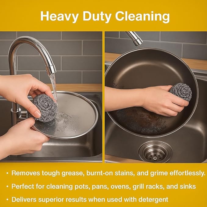 Stainless Steel Wool Scrubbers - Pack of 12 + 1 Extra | Flexible Metal Scouring Pads for Cleaning Kitchen Dishes, Pots, Pans, Ovens, Grills & Sinks (20g)
