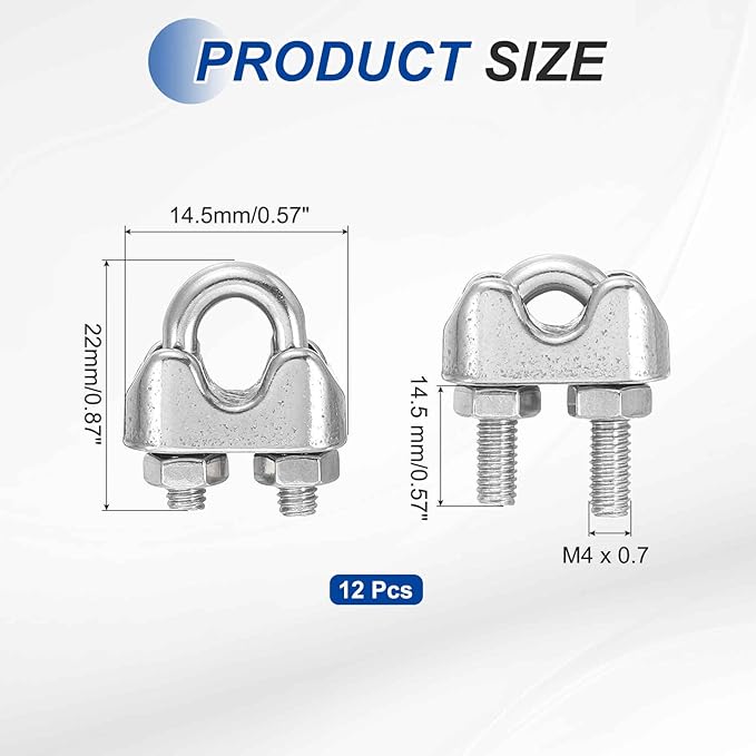 MECCANIXITY 12Pcs Wire Rope Cable Clip Clamps 5/32 Inch M4 Small 304 Stainless Steel U Bolt Saddle Fasteners Hardware for Secure Rigging Marine Guy Line Fence Clothesline, Silver