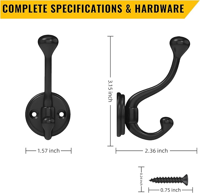 4 Pack Wall Hooks for Hanging, Heavy Duty Coat Hook Wall Mount, Easy to Install Metal Closet Hooks, Apply to Bathrooms, Bedrooms, Living Rooms, Entrances（Black）