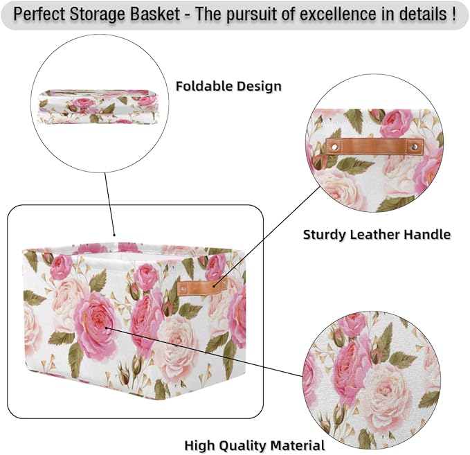 Pardick 2Pack Floral Flower Rose Large Collapsible Storage Bins,Pink Roses Decorative Canvas Fabric Storage Boxes Organizer with Handles，Rectangular Shelves Baskets Box for Home Office Nursery Closet