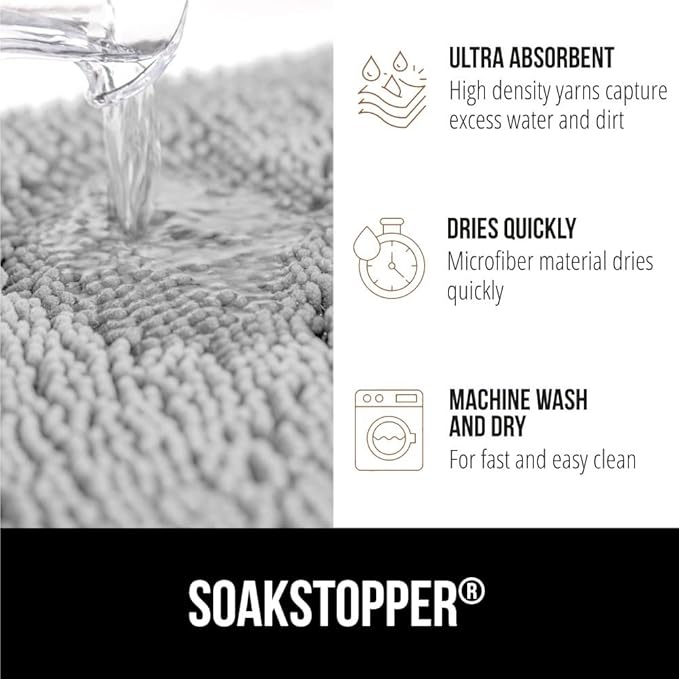 GORILLA GRIP SoakSTOPPER Dog Door Mat, 36x24 Machine Washable Rug Absorbent Doormat Captures Moisture Mud Dirt, Quick Dry Soft Chenille Entryway Rugs Indoor Entrance Mats for Dog Paws, Light Gray