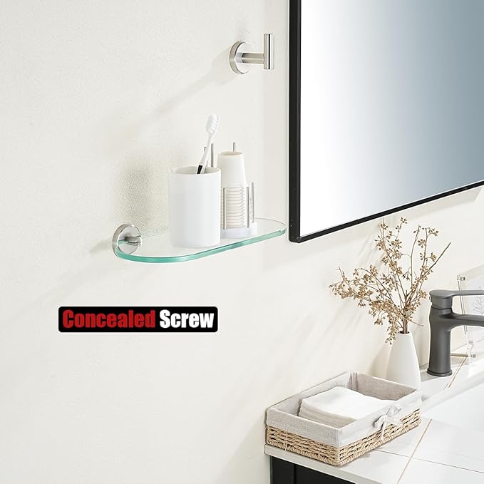 JQK Bathroom Glass Shelf, Tempered Glass Shower Storage 12 by 5 inches, 304 Stainless Steel Brushed Finish Wall Mount, TGS121L12-BN