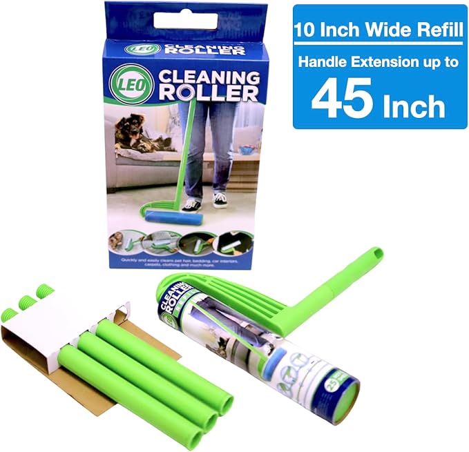 Leo Large 10-Inch Wide Lint Roller Refills 175 Sheets with extendable Handle to 45 inch for Lint Removers Household Cleaning Easily Remove Pet Hair Dust and Debris from Floors Carpets and Furniture