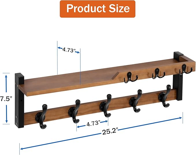 4 in 1 Coat Rack Wall Mount with Shelf, Coat Hooks 25.2" Entryway Coat Hanger with Key Hooks and Mail Holder, Wall Hooks with Shelf, Hat Rack for Wall Key Holder Mail Organizer
