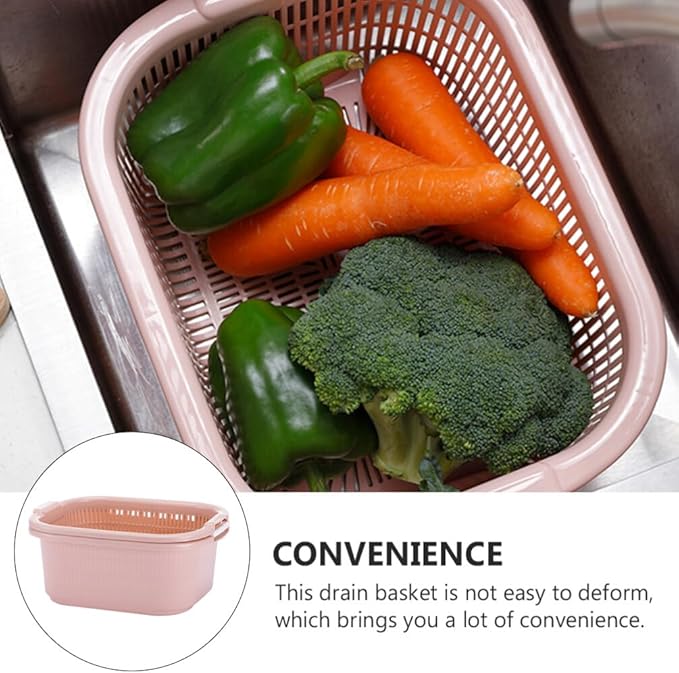 BESTonZON Double Layer Draining Basket with Fast Drain Holes Plastic Colander for Vegetable and Fruit Washing and Kitchen Food Prep 5.91 X 10.24 X 5.91 Inches