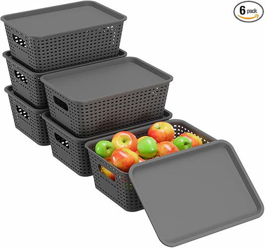 6-Pack Plastic Storage Bins with Lids, Stackable Organizer Baskets & Containers for Pantry, Kitchen, Cabinet, Closet, Bathroom Organization Toys, Space Saving, Easy-Carry Handles,Gray