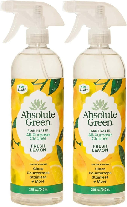 Absolute Green All Purpose Cleaner Spray, Non-Toxic, Kitchen, Bath, Countertop, Stainless, Safe around Kids + Pets, Natural Lemon Scent, 25 oz (2 Pack)