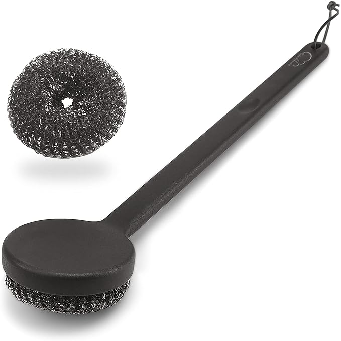 18" Long Handle Grill Brush with Replaceable Head - Safe Bristle Free Stainless Steel BBQ Cleaner with Heavy Duty Scrubber Pad, Grill Accessories Steel Wool Scrubbers for Porcelain Gas Charcoal Grill