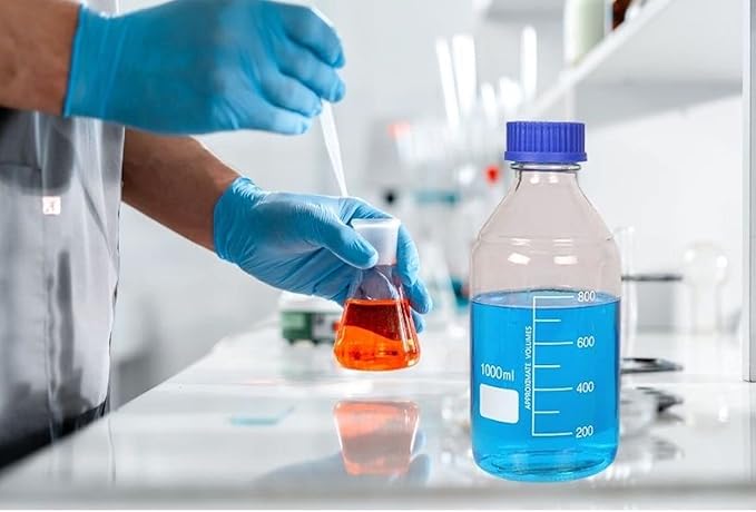 Lab Media Storage Round Bottles Graduated Glass Container GL45 Screw Cap Leakproof Multi-Purpose for Scientific | pack of 4 (Blue,1000ml)