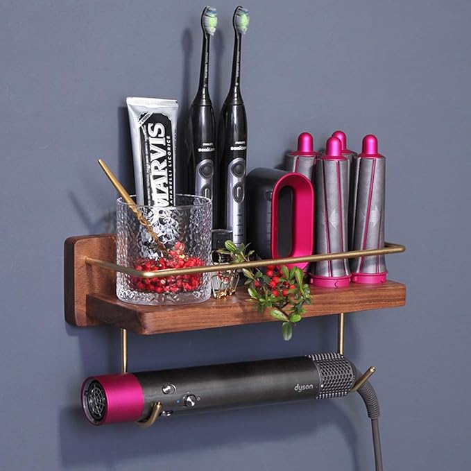 Affogato Wall Mounted Holder for Dyson Airwrap Styler Hair Curling Wand Brush Barrel Bathroom Shelf Tray Wood Stand Home Bedroom Hair Salon Storage Organizer with Hook for Comb Cream Facial Cleanser