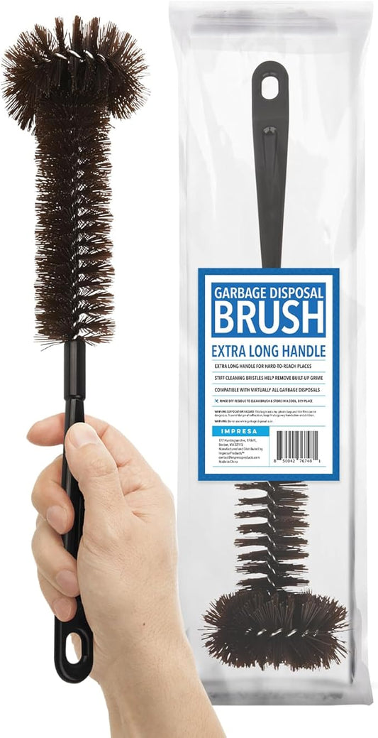 IMPRESA Garbage Disposal Cleaning Brush - Black Extra-Long Handle & Drain Cleaning Brushes - Scrubbing Tool & Odor Eliminator - Universal Garbage Disposal Cleaner & Disposer Cleaner