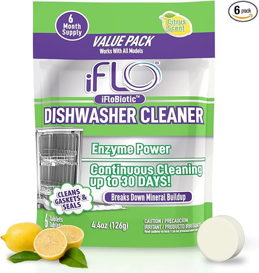 iFLO Dishwasher Cleaner Tablets with iFLObiotic – Deep Cleaning Dishwasher and Deodorizer Tablets to Eliminate Dish Washer Odor, Remove Residue & Freshen Dish Washer Machine Cleaner, 6 Pack