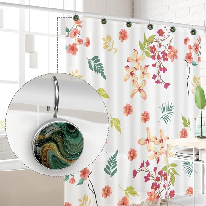 Green Marble Shower Curtain Hooks, 12Pcs Decorative Rust Resistant Shower Rings for Shower Curtain Rods, Stainless Steel Round Curtain Hooks for Bathroom, Bedroom, Farmhouse