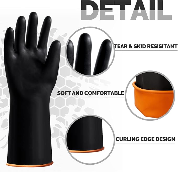 6 Pairs Chemical Resistant Gloves Heavy Duty Industrial Rubber Cleaning Black Protective Safety Work Waterproof Reusable Gloves for Car Home Lab, 14 Inches Large