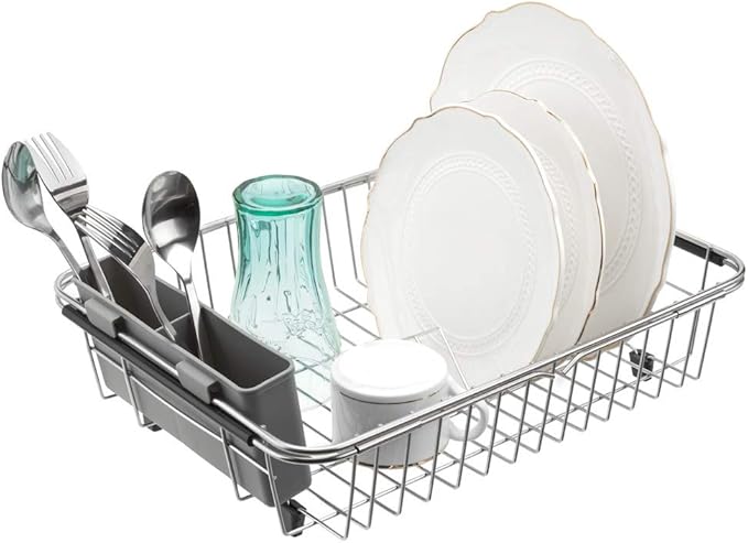 SANNO Expandable Pull Out Cabinet Shelf, Under Sink Slide Out Organizer, Pots Pans Kitchen Organizer Basket Expandable Dish Drying Rack,Stainless Steel Dish Rack Dish Drainer Rack