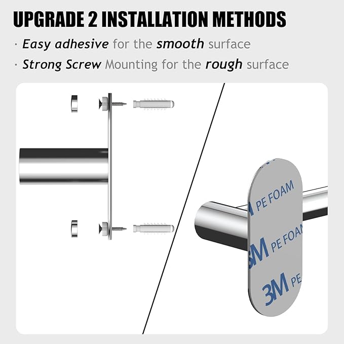 Towel Bar, Adjustable 14.4inch - 25.2inch Towel Rack, Self Adhesive & Wall Mounted for Bathroom Kitchen Hand Towel Holder Cloths Hanger SUS 304 Stainless Steel Organizer Single Bar (3, Chrome)