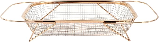 JTLB Over The Sink Colander Strainer Basket Stainless Steel for Kitchen Sink with Handles Fine Mesh Expandable Kitchen Essentials Rectangle (Rose Gold)