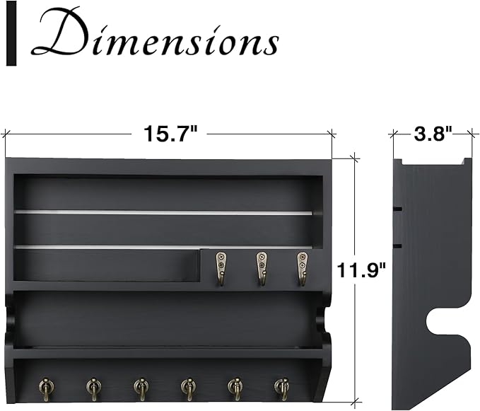 Handcrafted Solid Wood Key Holder for Wall - Artisan Hand-Sprayed Finish & Smooth Edges - Decorative Entryway Organizer, Rustic Wall Mount Key Holder for Home Decor, Sturdy, Black